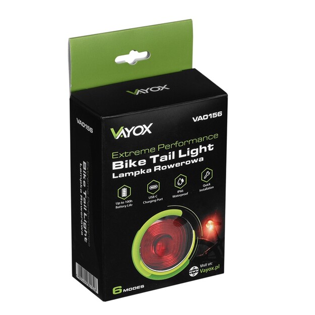 Vayox Aizmugurējā velosipēda gaisma USB-C 250mAh VA0156