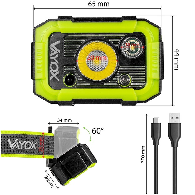 Vayox uzlādējams lukturis 750lm CREE + SMD Pro Series VA0187