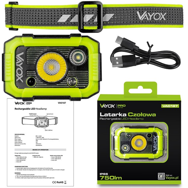Vayox uzlādējams lukturis 750lm CREE + SMD Pro Series VA0187