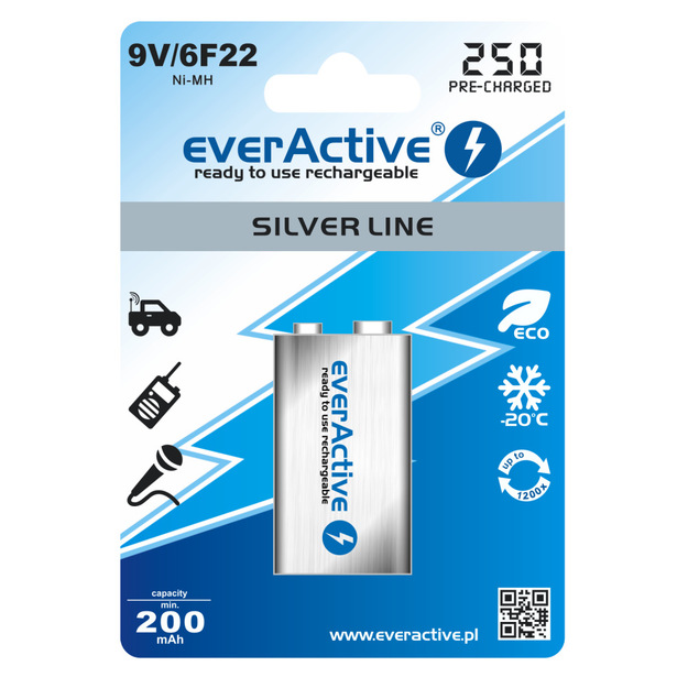 9V 250mAh rechargeable battery everActive Silver line Ready to use , 1 pcs.