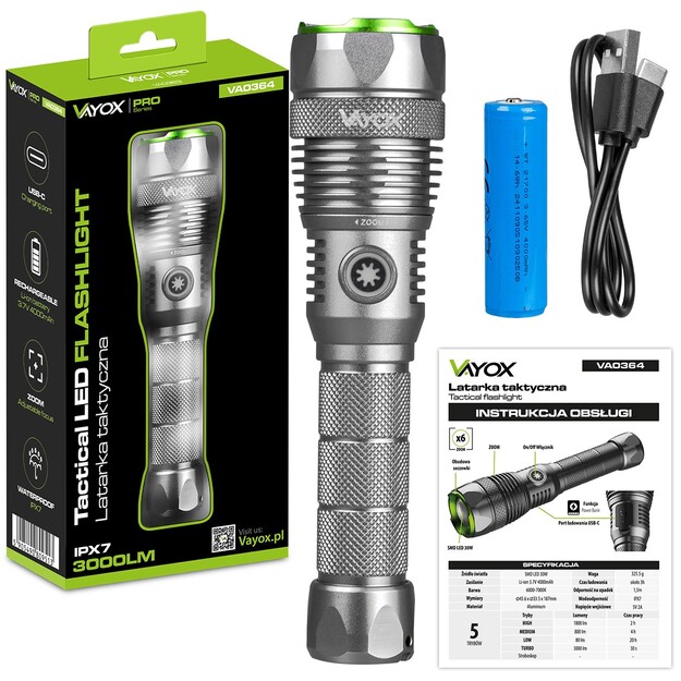 Vayox Pro sērijas taktiskais lukturītis 3000lm IPX7 30W LED SMD VA0364