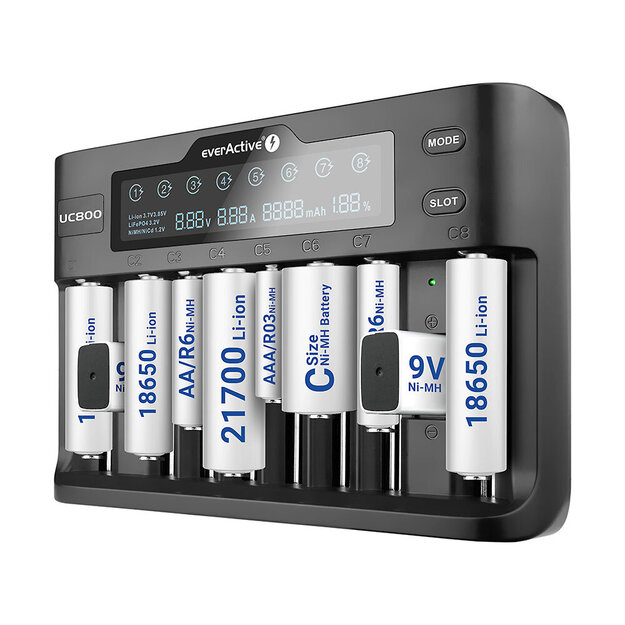 everActive UC-800 lādētājs cilindriskiem litija jonu un Ni-MH akumulatoriem