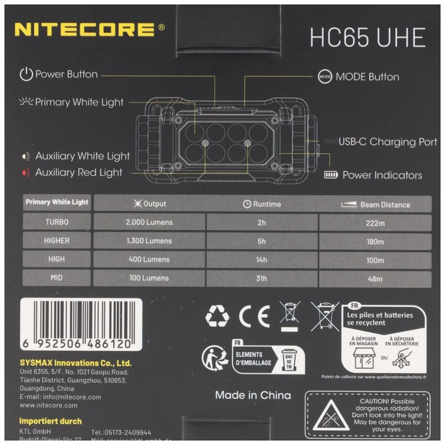 Nitecore HC65 UHE Hunting Edition &ndash; 2000 lumens &ndash; 3 light sources