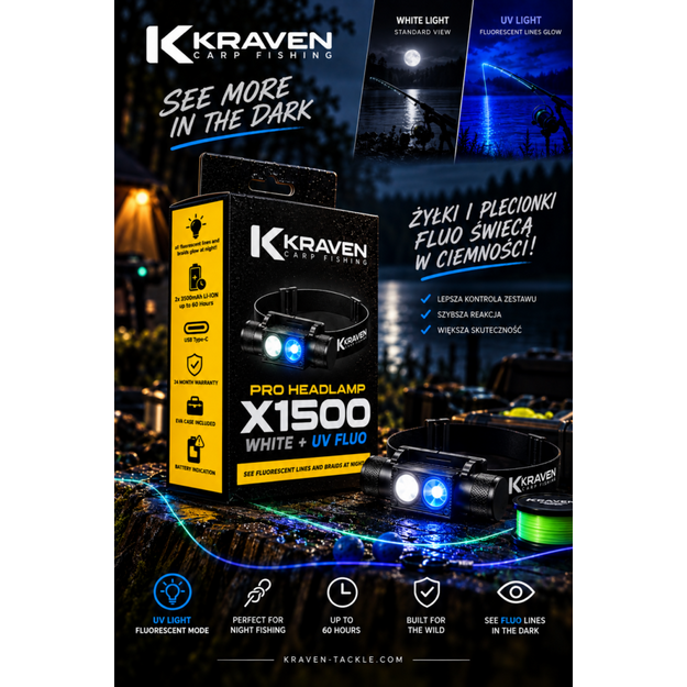 Profesionāls galvas lukturis &bdquo;Kraven Pro X1500&ldquo;, 1500 lm, balts + Fluo UV