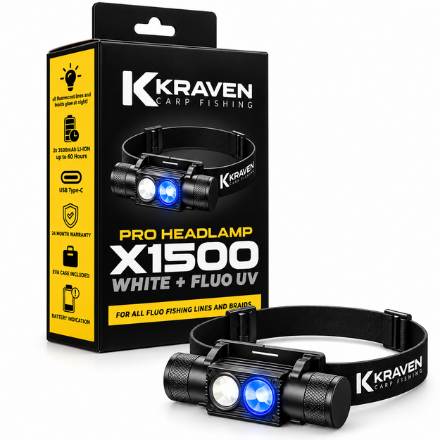 Profesionāls galvas lukturis &bdquo;Kraven Pro X1500&ldquo;, 1500 lm, balts + Fluo UV