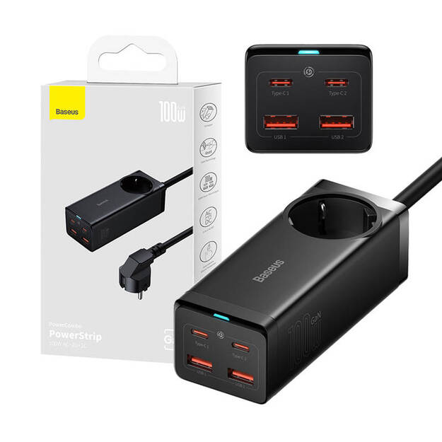 Baseus GaN3 Pro sienas lādētājs / strāvas adapteris 2xUSB + 2xUSB-C + AC, 100 W (melns)