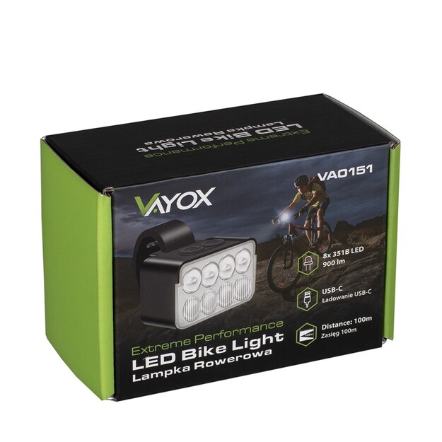 Vayox priek&scaron;ējais velosipēda apgaismojums 900lm 8*LED USB-C VA0151