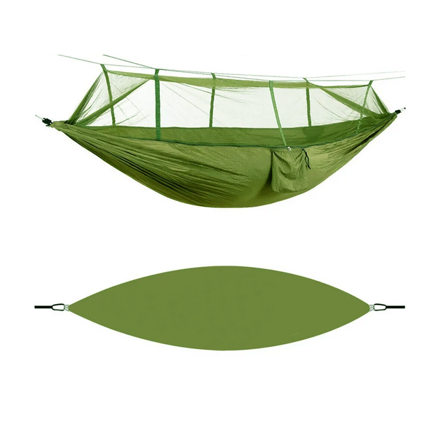 Tūrisma &scaron;ūpuļtīkls ar moskītu tīklu kempingam, karājas virve, soma, gaismas pārsegs