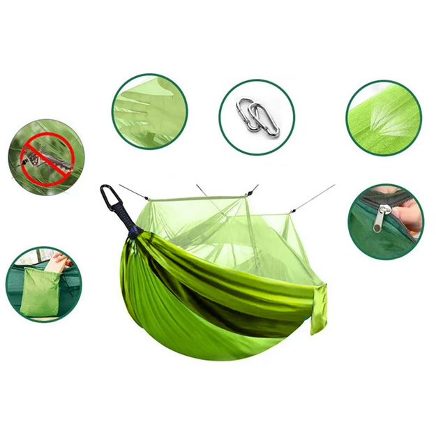 Tūrisma &scaron;ūpuļtīkls ar moskītu tīklu kempingam, karājas virve, soma, gaismas pārsegs