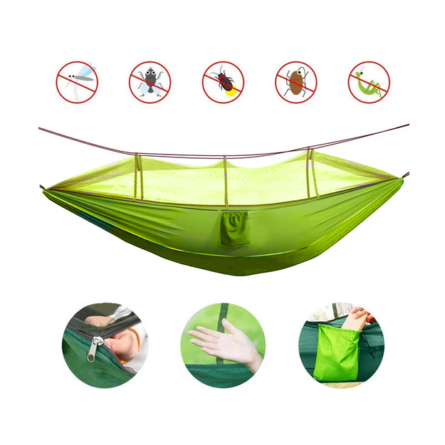 Tūrisma &scaron;ūpuļtīkls ar moskītu tīklu kempingam, karājas virve, soma, gaismas pārsegs