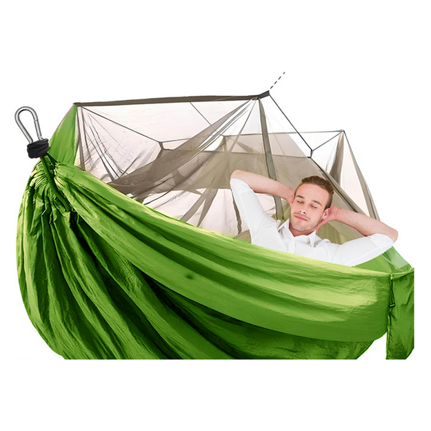 Tūrisma &scaron;ūpuļtīkls ar moskītu tīklu kempingam, karājas virve, soma, gaismas pārsegs