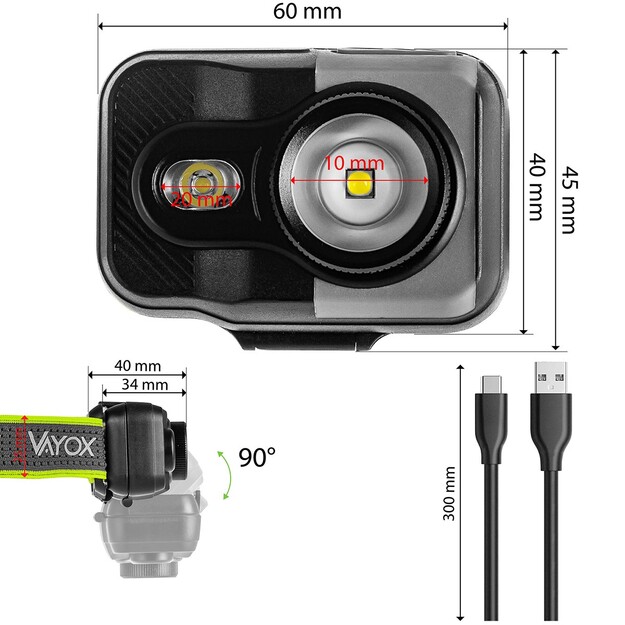 Vayox uzlādējams lukturis 800lm CREE + SMD Pro Series VA0196