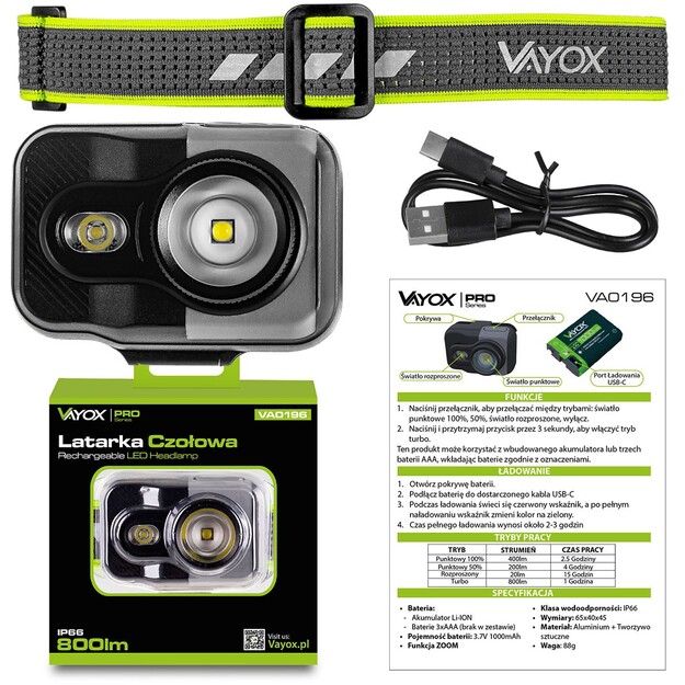 Vayox uzlādējams lukturis 800lm CREE + SMD Pro Series VA0196