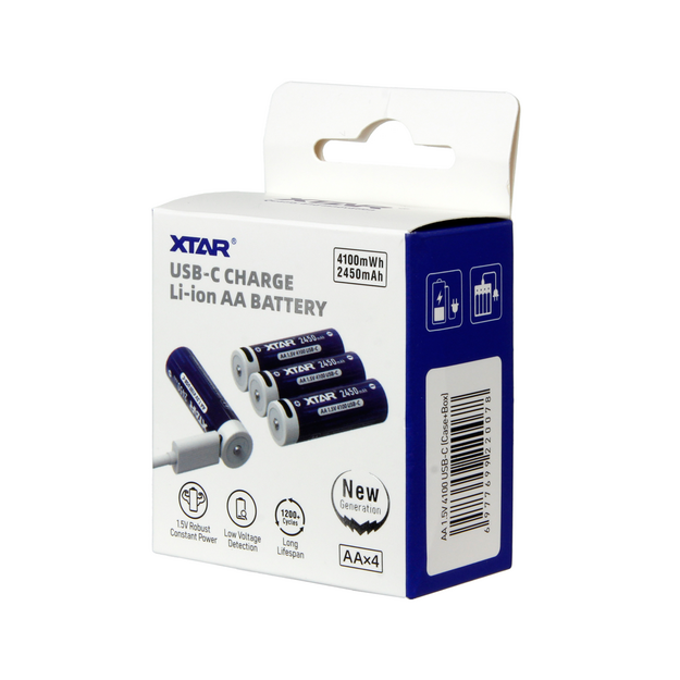 XTAR AA 1.5V 2450 mAh Litija jonu akumulatori ar USB-C ligzdu, 4 gab.