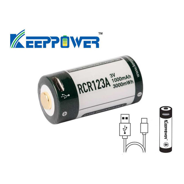 Keeppower 16340 1000mAh 3V ar mikro USB 2 gab