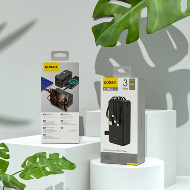 Dudao K11 Max 30000mAh ārējais akumulators ar iebūvētiem kabeļiem &ndash; melns
