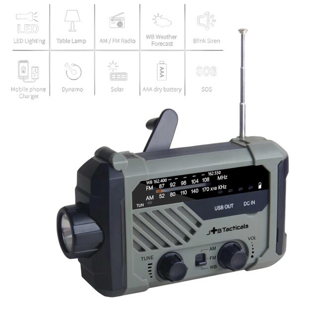 Avārijas radio ar lukturi, LED lampu un 2000 mAh ārējo akumulatoru