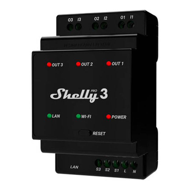 Shelly Pro 3 DIN sliedes 3 kanālu relejs, WiFi/LAN