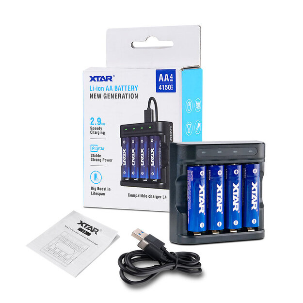 Lādētājs Xtar L4 AA / AAA Li-ion 1,5 V / NiMH + Xtar R6 / AA 1,5 V Li-ion 2500 mAh akumulators - 4 gab.