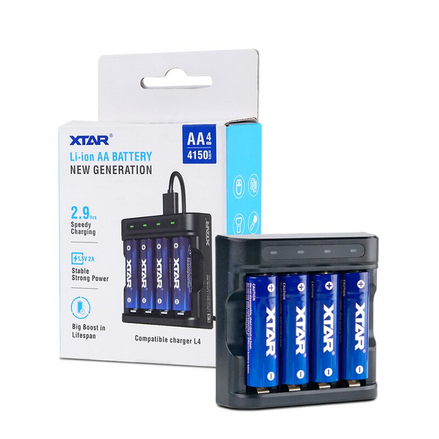 Lādētājs Xtar L4 AA / AAA Li-ion 1,5 V / NiMH + Xtar R6 / AA 1,5 V Li-ion 2500 mAh akumulators - 4 gab.