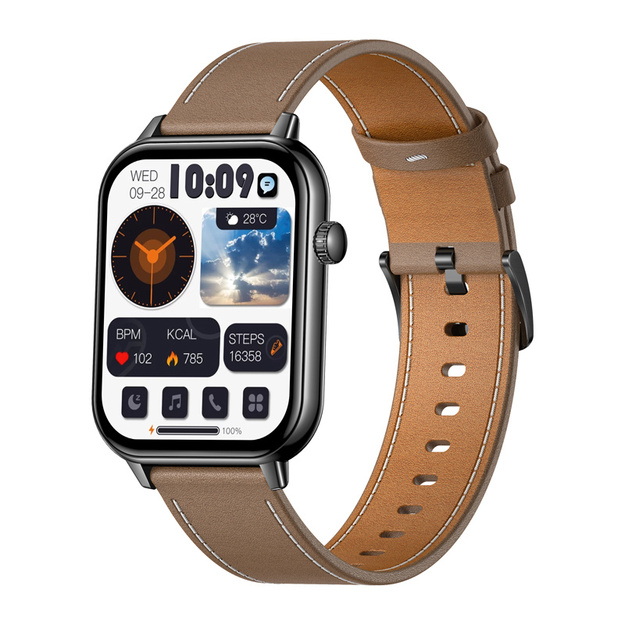 COLMI C28 Smartwatch &ndash; Black + Brown Leather Strap