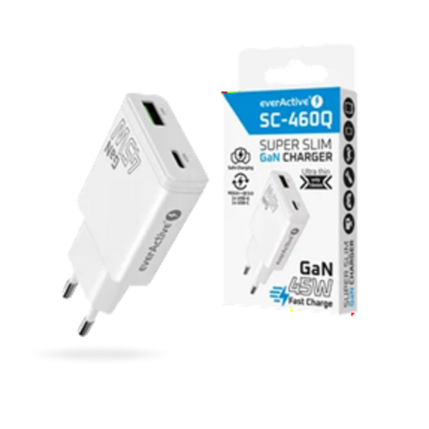 everActive GaN SUPER SLIM SC-460Q sienas lādētājs ar USB QC3.0 un USB-C PD 45W portu