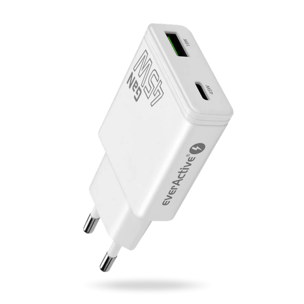 everActive GaN SUPER SLIM SC-460Q sienas lādētājs ar USB QC3.0 un USB-C PD 45W portu