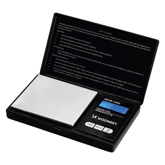 Wozinsky WDW-1000 svari, 200 g, 0,01 g, precīzi, ar fona apgaismojumu - melni
