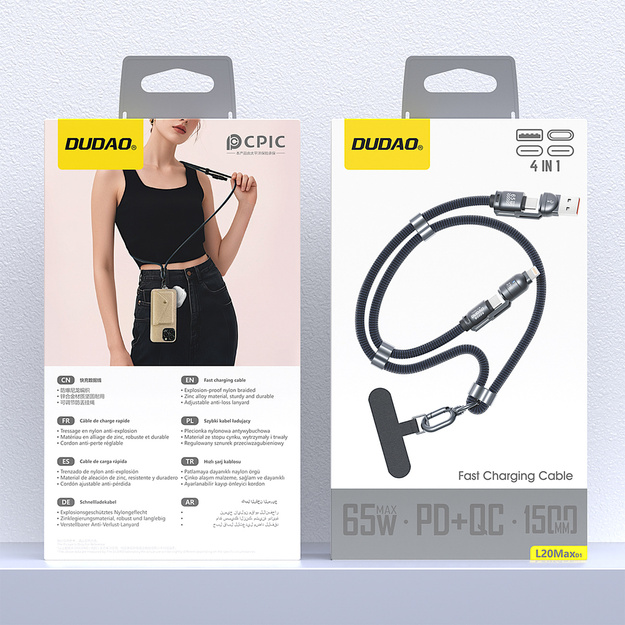 Dudao L20Max 65W 4-in-1 kabelis ar aukli USB-C uz USB-C ar Lightning un USB-A adapteriem - zils