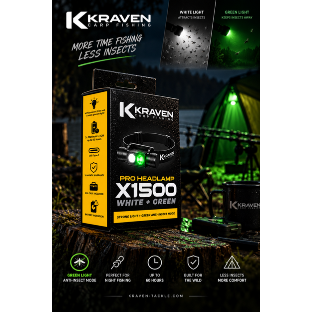 Profesionāls galvas lukturis &bdquo;Kraven Pro X1500&ldquo;, 1500 lm, balts + zaļ&scaron;