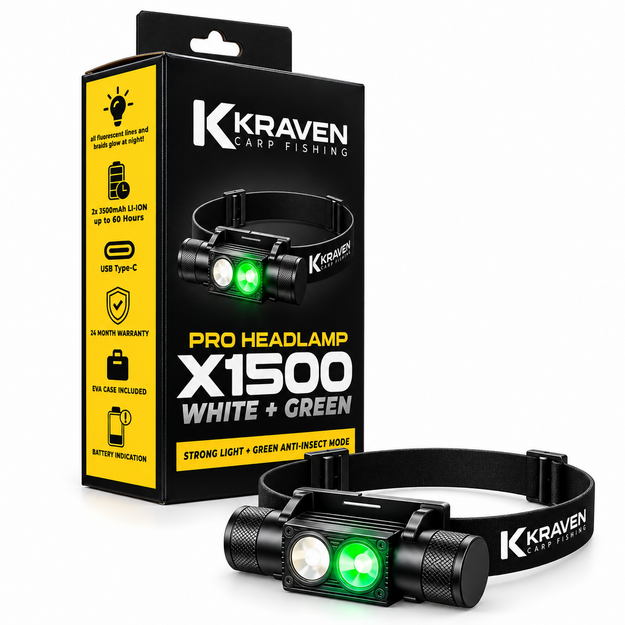 Profesionāls galvas lukturis &bdquo;Kraven Pro X1500&ldquo;, 1500 lm, balts + zaļ&scaron;