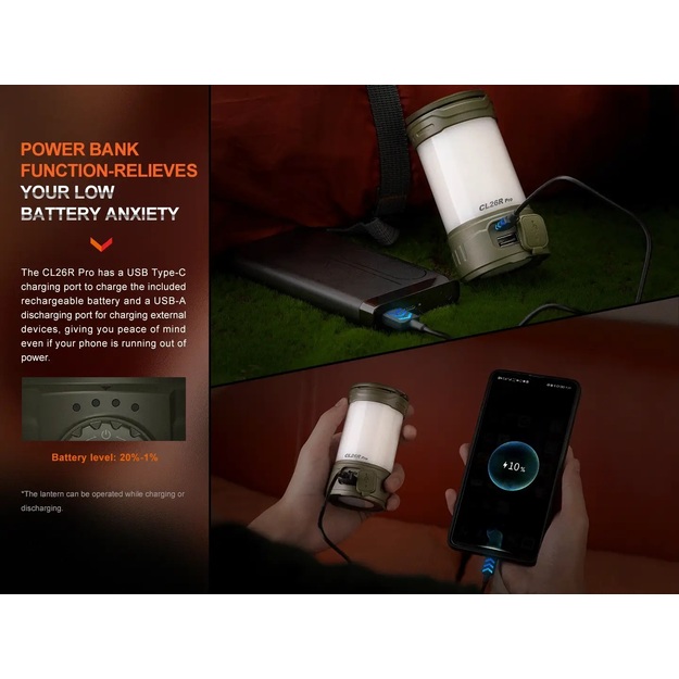 Fenix CL26R Pro LED kempinga gaisma ar USB savienojumu Olive Drab