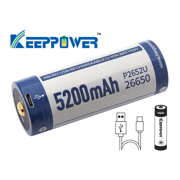 Keeppower 26650 - 5200mAh, Li-Ion 3.7V - 3.6V - PCB ar aizsardzību un USB savienotāju P2652U
