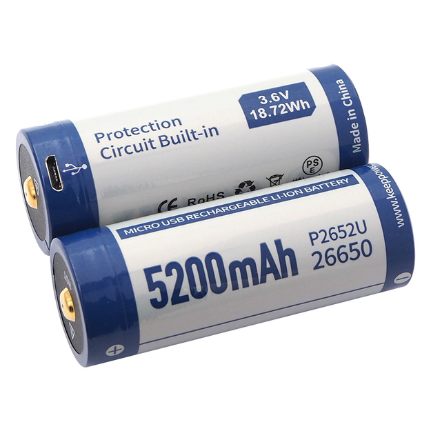 Keeppower 26650 - 5200mAh, Li-Ion 3.7V - 3.6V - PCB ar aizsardzību un USB savienotāju P2652U