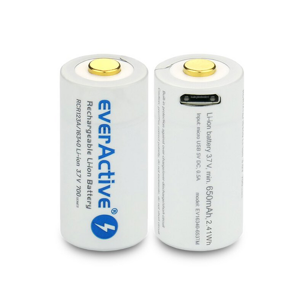 everActive 16340 3,7 V litija jonu 700 mAh mikro USB akumulators ar aizsardzību