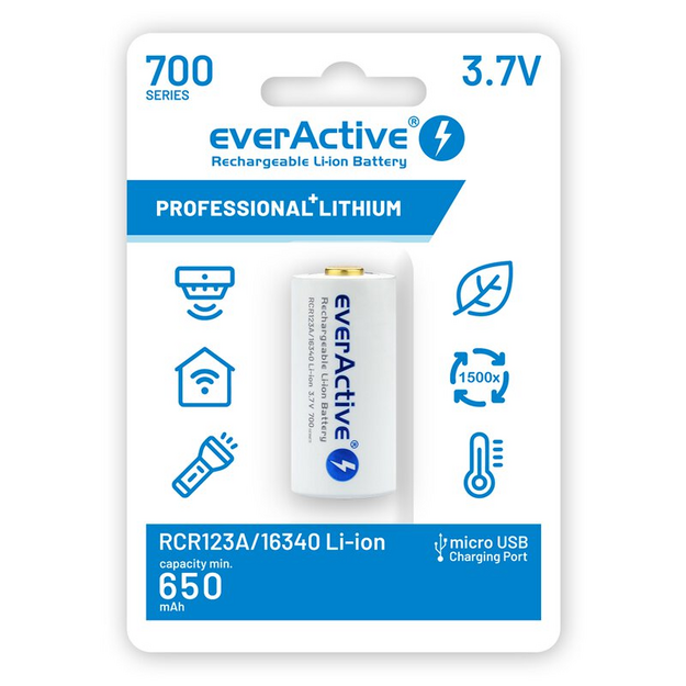 everActive 16340 3,7 V litija jonu 700 mAh mikro USB akumulators ar aizsardzību