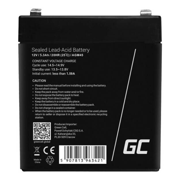 AGM VRLA Green Cell AGM45 12V 5,3Ah akumulators (signalizācijas sistēmai, kases aparātam, rotaļlietai)