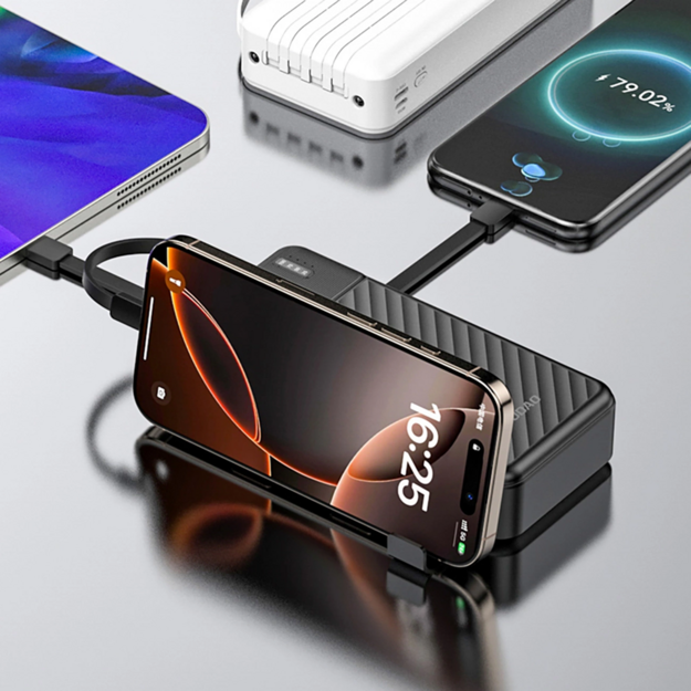 Dudao K11 20000 mAh ārējais akumulators ar iebūvētiem kabeļiem, melns