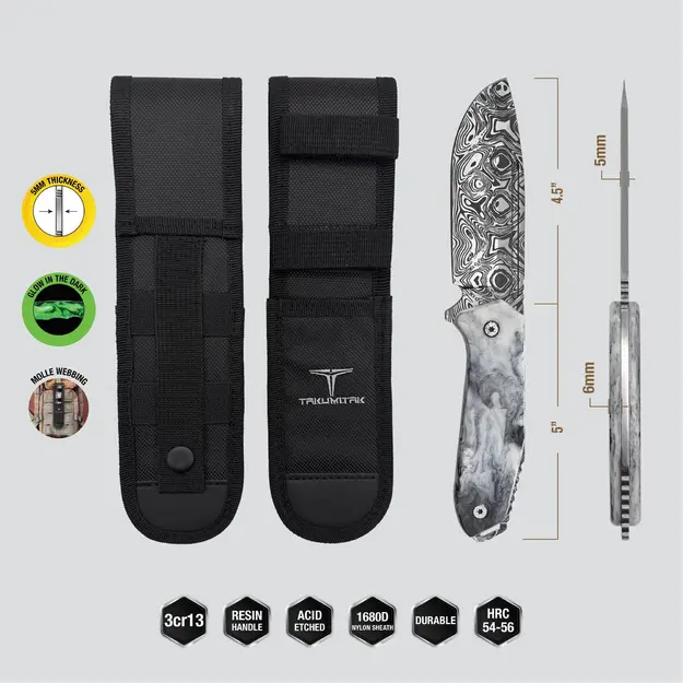 Takumitak Takumi Black & White fixed blade knife Damascus/Grey TKF502BK-CS