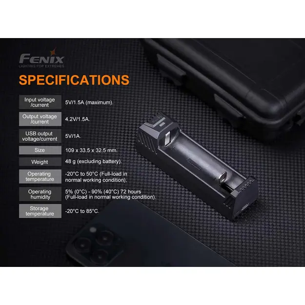 Одноканальное зарядное устройство Fenix ARE-X1 V2.0 для аккумуляторов 18650, 21700 и 26650