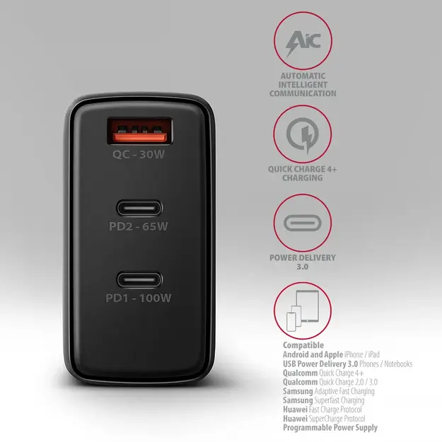 Tīkla lādētājs Axagon ACU-DPQ100, 100W (PD 3.0 / QC 4+, 3 pieslēgvietas)
