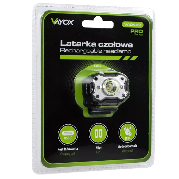 Vayox rechargeable headlamp 650lm 200mAh IPX4 VA0452