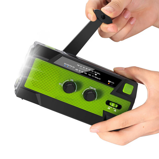 Radio with hand generator and solar battery