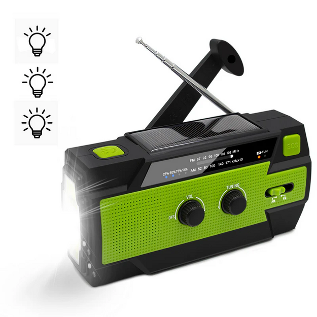 Radio with hand generator and solar battery