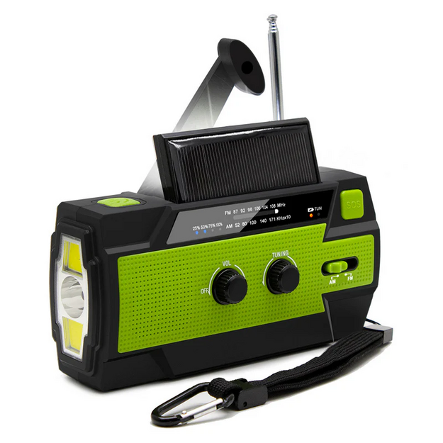 Radio with hand generator and solar battery