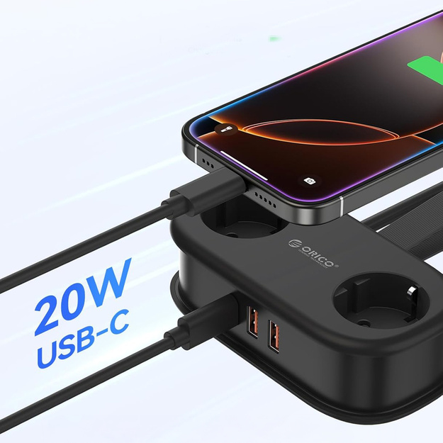 Orico AP3 20W Power Strip with 2 AC outlets, 2x USB-A and 1x USB-C ports - black
