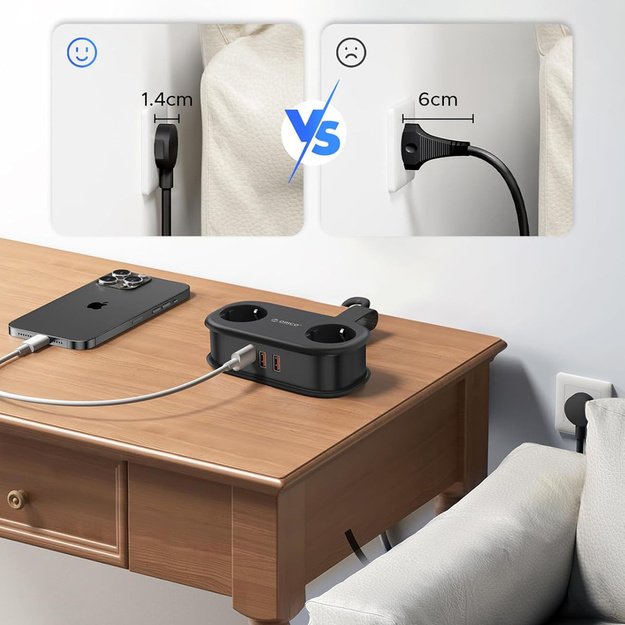 Orico AP3 20W Power Strip with 2 AC outlets, 2x USB-A and 1x USB-C ports - black