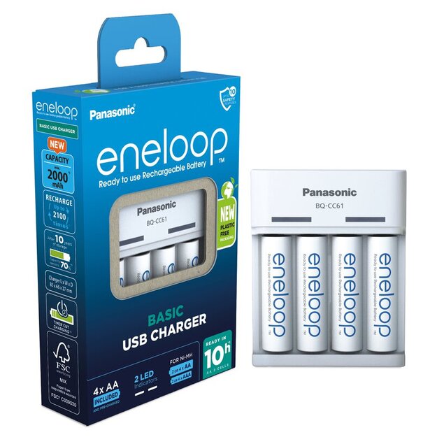 Зарядное устройство USB Panasonic Eneloop BQ-CC61 + 4 x R6/AA Eneloop 2000 мАч