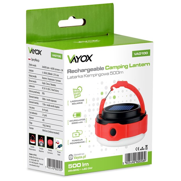 Vayox 500lm uzlādējams kempinga lukturītis ar saules paneli VA0100