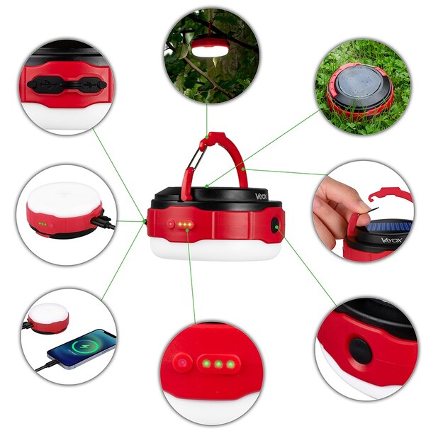 Vayox 500lm uzlādējams kempinga lukturītis ar saules paneli VA0100